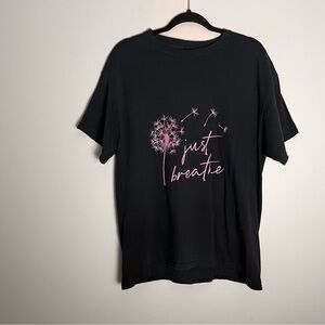 Women’s Black Heavy Cotton T-Shirt Pink “Just Breathe” Graphic Short Sleeve L
